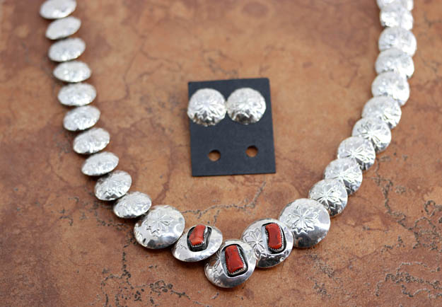Navajo Silver Coral Necklace Earrings Set