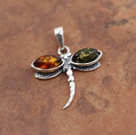 Sterling Silver Baltic Amber Dragonfly Pendant