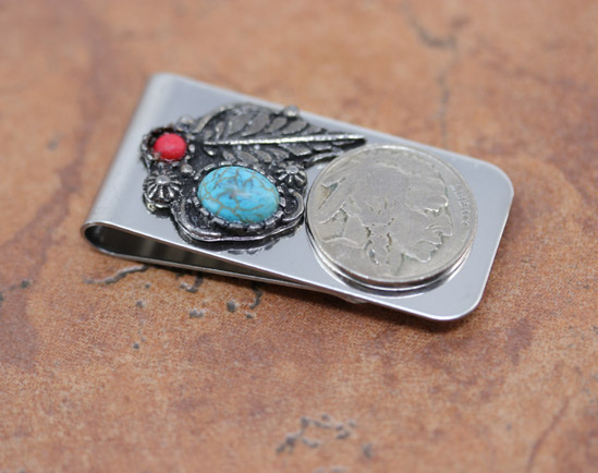 Turquoise Coral Buffalo Nickel Coin Money Clip