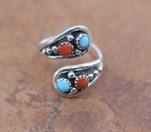 Navajo Silver Turquoise Coral Spoon Ring Size 6_9