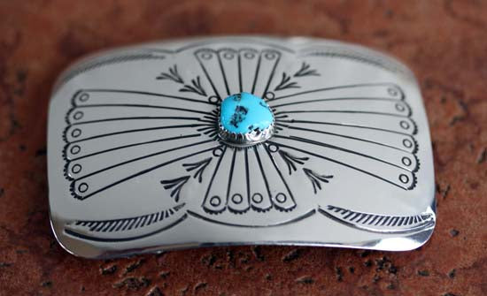 Rectangular Belt Buckle with a circular turquoise gem stone in the center
