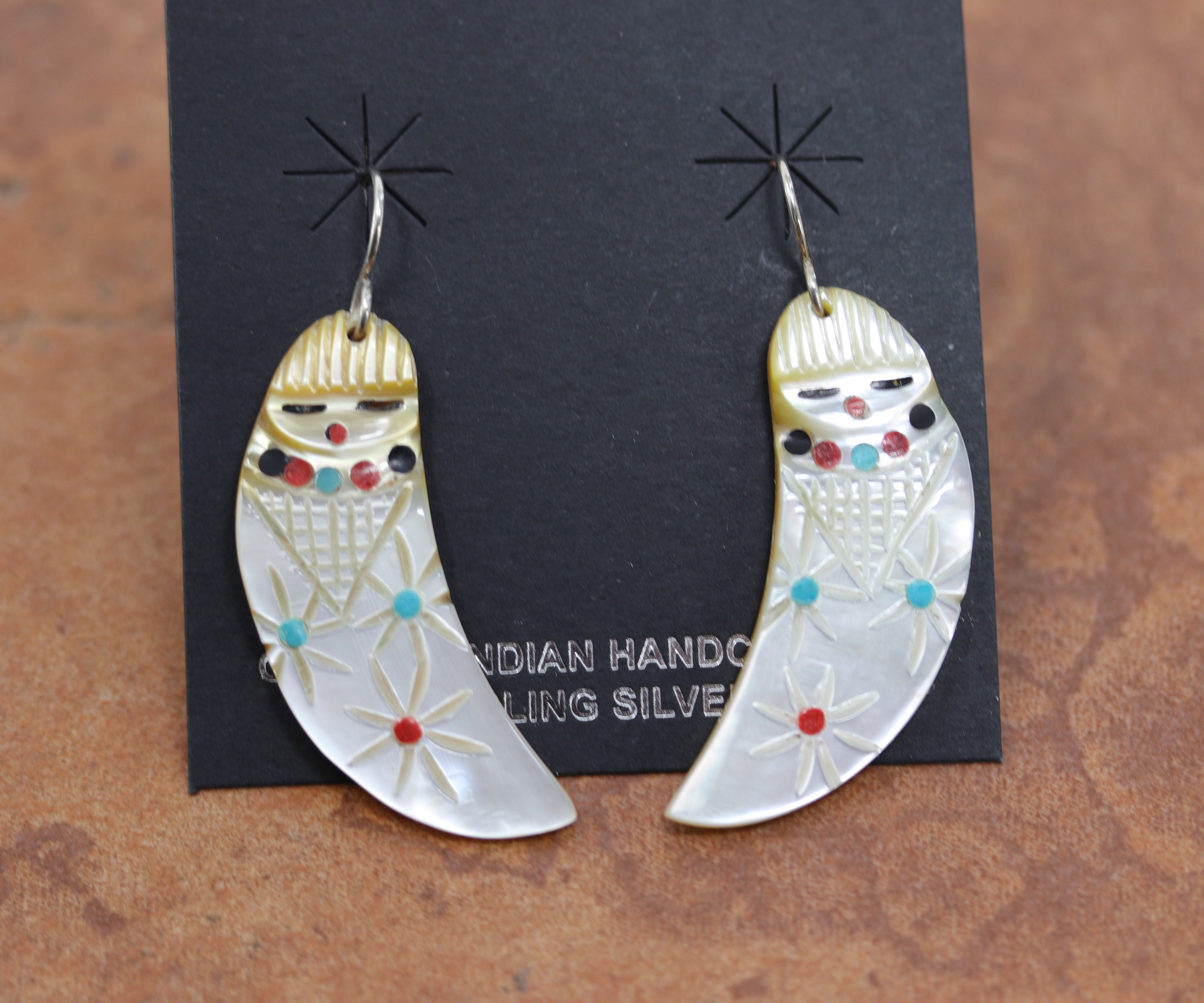 Silver Earrings with Turquoise, Red, Black and Mother of Peal Stones