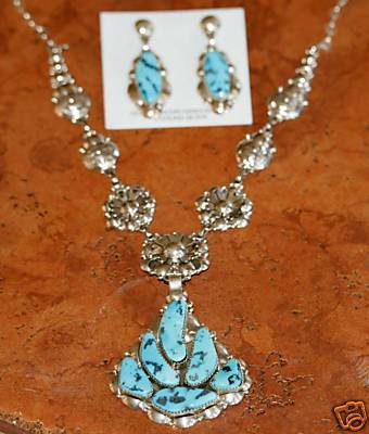 Navajo Silver Turquoise Necklace Set by Clem Nalwood