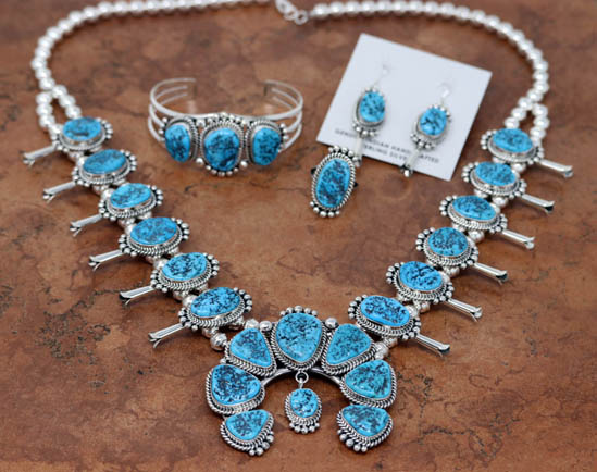 Navajo Turquoise Squash Blossom Necklace 4 Piece Set