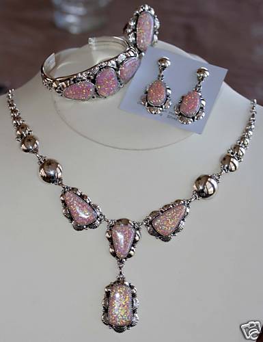 Navajo Sterling Created Opal Necklace Set _Clem Nalwood