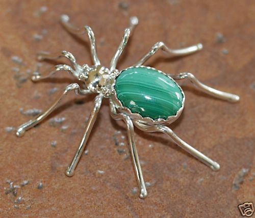 Navajo Indian Silver Malachite Spider Pin by E Spencer