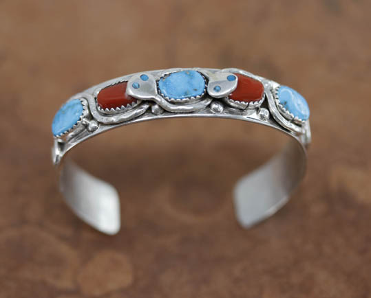 Zuni Silver Turquoise Coral Bracelet - NativeIndianMade.com