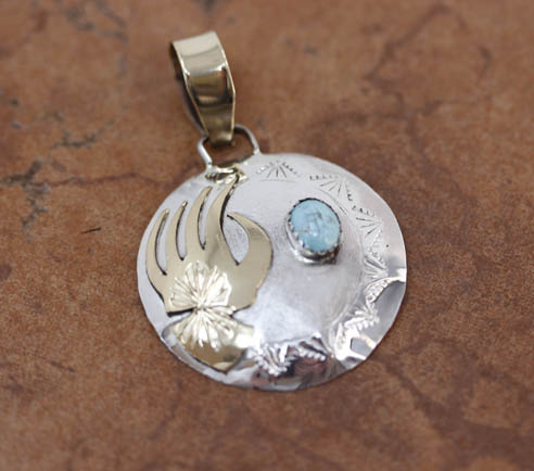 Navajo Sterling Silver Gold Turquoise Bear Paw Pendant