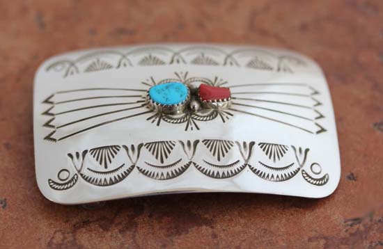 Navajo Silver Turquoise Coral Belt Buckle