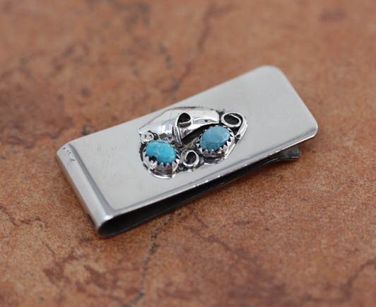 Native American Money Clip Silver Turquoise Design