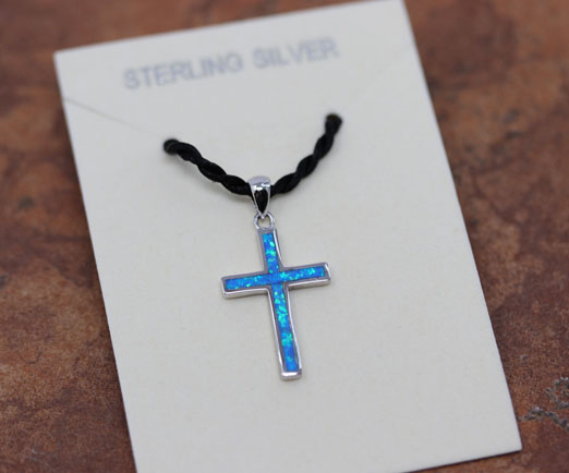 Silver Created Opal Cross Pendant