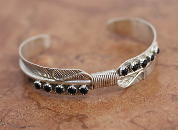 Navajo Sterling Silver Onyx Feather Bracelet