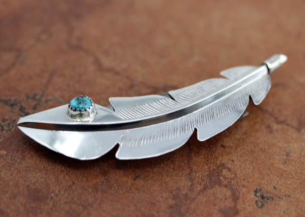Navajo Silver Turquoise Feather Hair Barrette