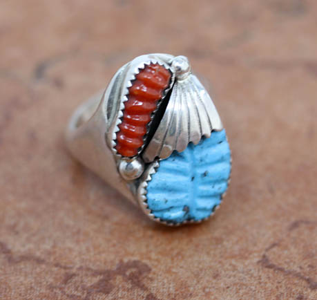 Navajo Silver Turquoise Coral Ring Size 12 1/2