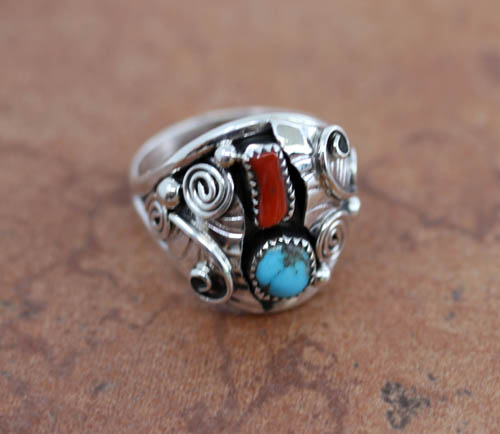 Navajo Silver Turquoise Coral Ring Size 10
