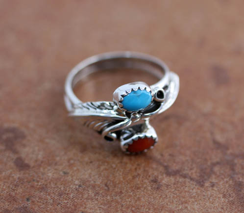 Navajo Silver Turquoise Coral Ring Size 6