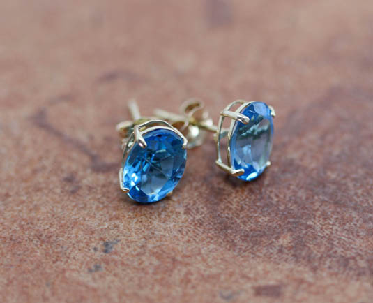 14K Gold Blue Topaz Post Earrings