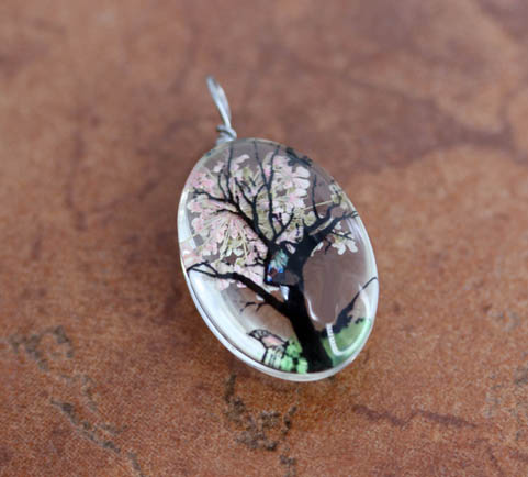 Glass Pink and White Tree of Life Pendant