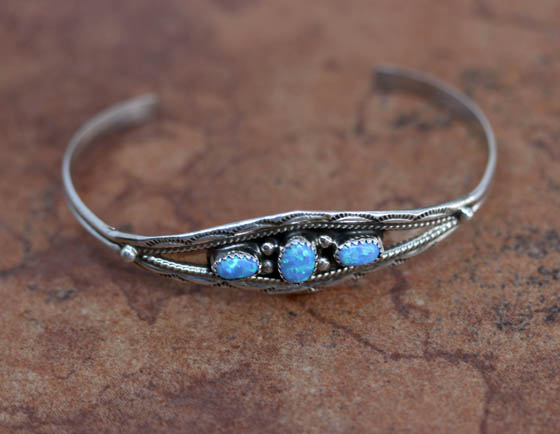 Navajo Silver Created Opal  Bracelet