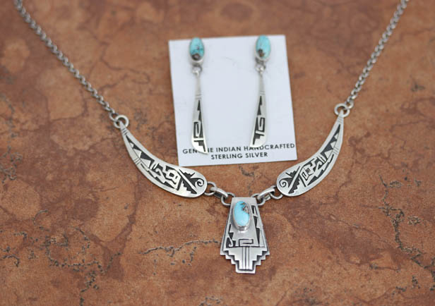 Navajo Silver Turquoise Necklace Earrings Set