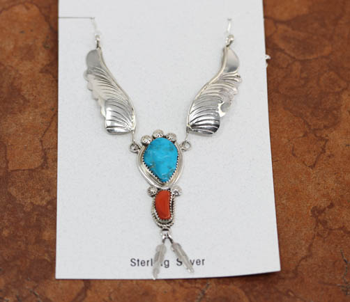 Navajo Silver Turquoise Coral Feather Necklace