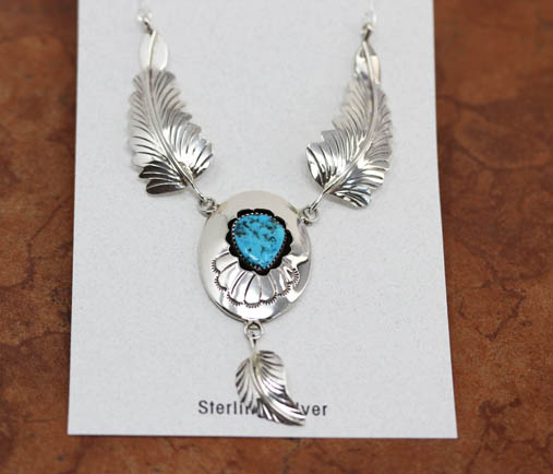 Navajo Silver Turquoise Feather Necklace