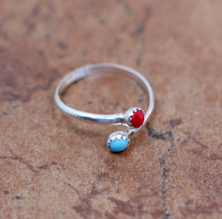 Navajo Silver Turquoise Coral Ring Size 6_9