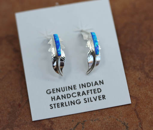 Navajo Silver Feather Created Opal Earrings