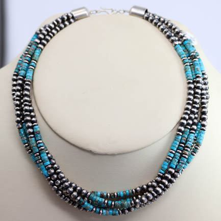 Navajo Pearl Silver Turquoise 5 Strand Necklace