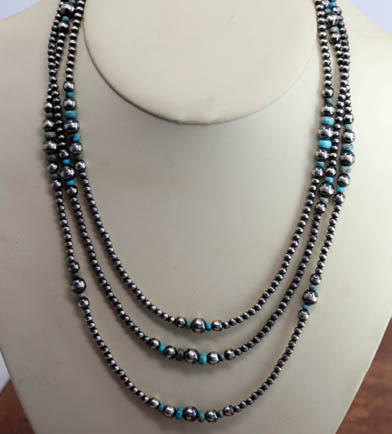 Navajo Pearl Silver Turquoise 3 Strand Necklace