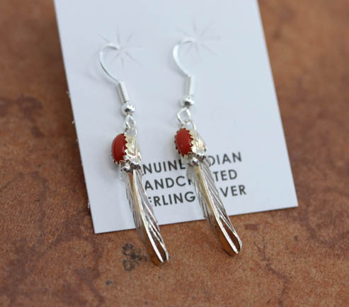 Navajo Silver Coral Feather Earrings
