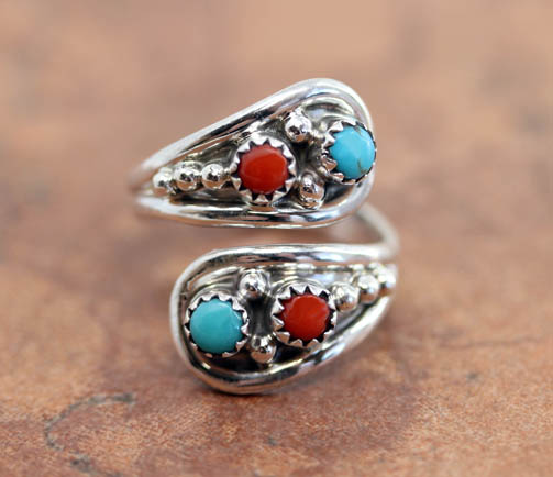 Navajo Silver Turquoise Coral Ring Size 6_9