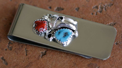 Navajo Silver Turquoise Coral Money Clip