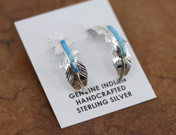 Navajo Silver Feather Turquoise Earrings