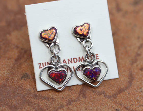 Zuni Silver Created Opal Heart Earrings