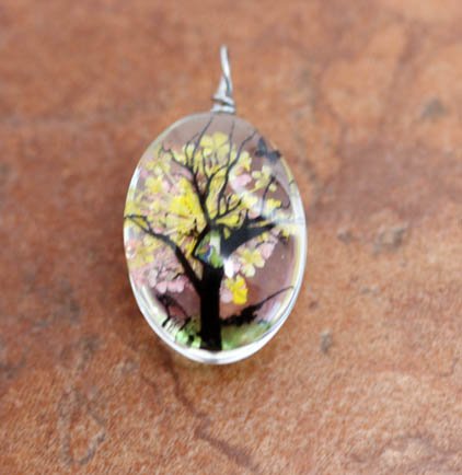 Glass Pink and Yellow Tree of Life Pendant