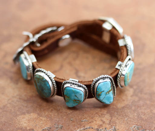 Navajo Silver Leather Turquoise Buckle Bracelet