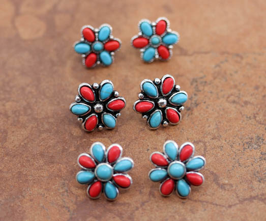 Turquoise Coral Flower Trio of Earrings