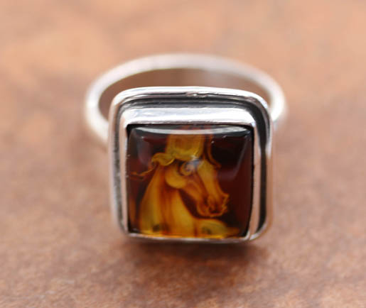 Sterling Baltic Amber Cameo Horse Ring Size 9_12