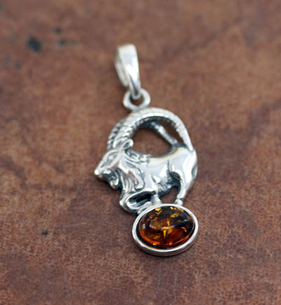 Sterling Silver Baltic Amber Goat Pendant
