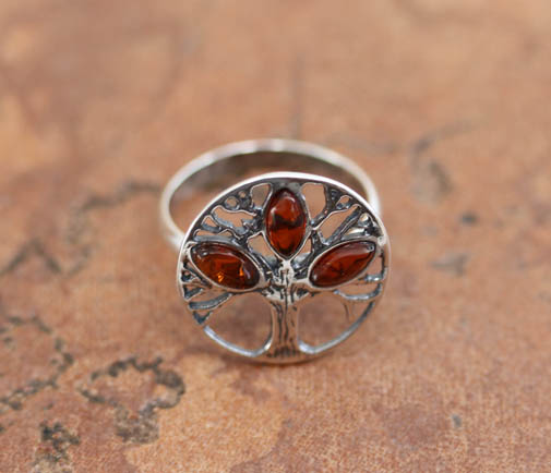 Sterling Silver Baltic Amber Tree Ring Size 7 1/2
