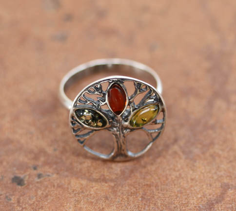 Sterling Silver Baltic Amber Tree Ring Size 7