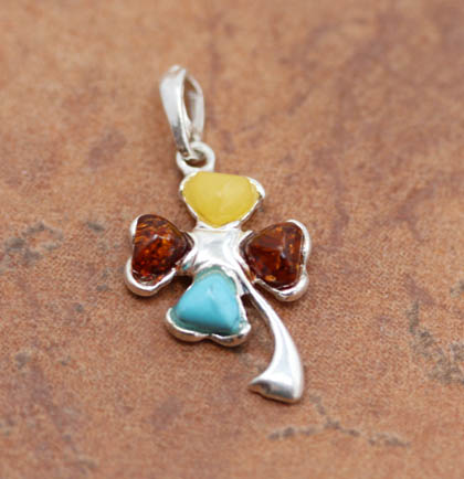 Sterling Silver Amber Turquoise 4 Leaf Clover Pendant