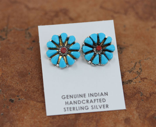 Navajo Sterling Silver Turquoise Coral Cluster Earrings
