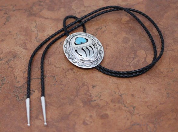 Navajo Silver Turquoise Bear Paw Bolo Tie