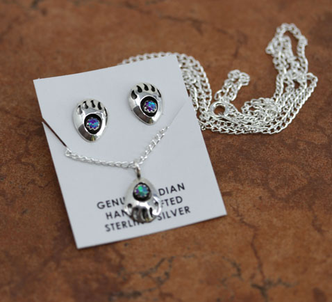 Navajo Created Opal Bear Paw Necklace Earrings Set