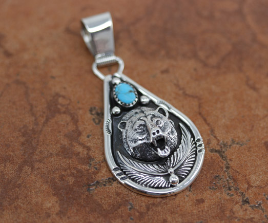 Navajo Silver Turquoise Bear Pendant