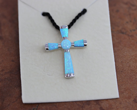 Silver Created Opal Cross Pendant