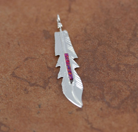 Navajo Silver Created Opal Feather Pendant