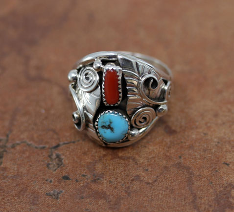 Navajo Silver Turquoise Coral Ring Size 10